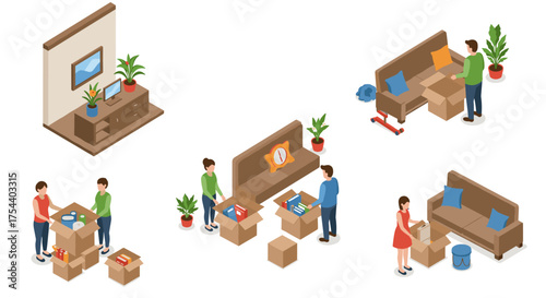 Isometric home relocation scene: people packing up for moving day celebration