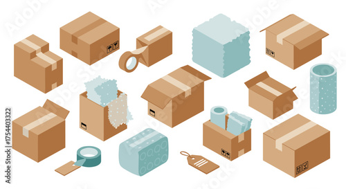Isometric cardboard boxes and packing materials for shipping and moving