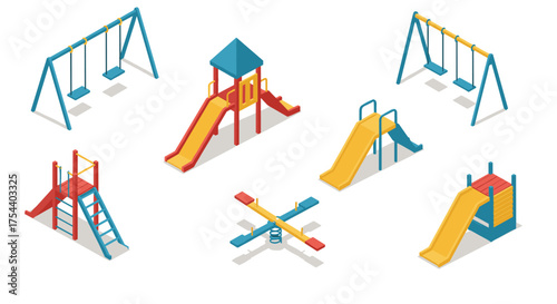 Colorful playground equipment set with slides and swings in isometric design