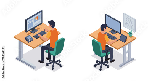 Isometric offices: dual desk setup with monitors and devices