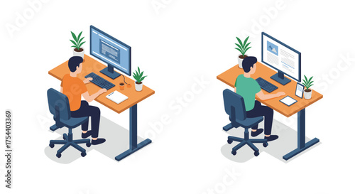 Isometric design of office workers at desks with computers and plants