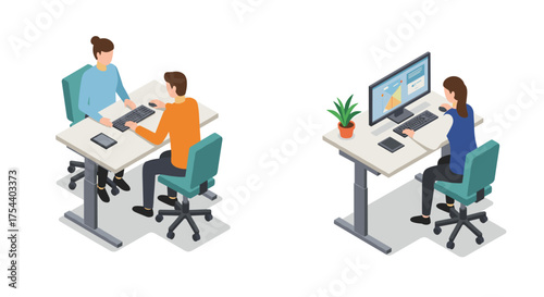 Office workspace people working at desks in isometric style
