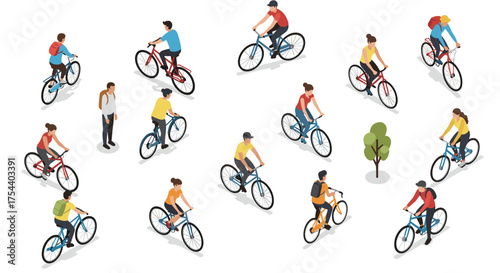 Isometric bicycling scene with people in urban environment