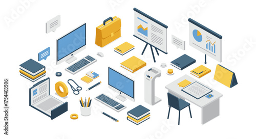 Isometric office workspace with modern tech gadgets and stationery items
