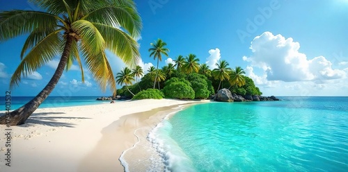 Fototapeta Naklejka Na Ścianę i Meble -  Idyllic Tropical Island Paradise Turquoise Waters Lap Gently Against Pristine White Sands, Palm Trees Swaying in the Breeze
