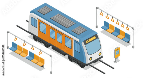 Modern isometric subway train with interior details and ticket machine