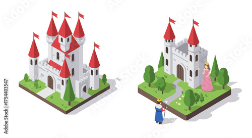 Isometric medieval castles with king and princess in enchanted forest setting