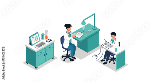 Medical professionals working in an isometric modern office setting