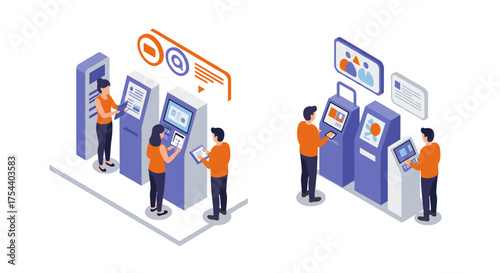 Isometric digital registration kiosk interaction with people using touchscreen devices