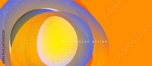 Abstract design features layered circles, vibrant orange, yellow, blue hues. Modern background with gradient effects, smooth transitions.