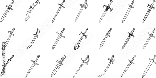 Collection of hand-drawn sword and dagger icons in black and white outline. Set includes fantasy, medieval, and curved blade designs. Perfect for tattoo art, games, or graphic illustration.
