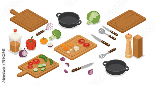 Isometric kitchen utensils and ingredients with vegetables on cutting boards