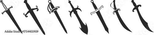 Set of black silhouette swords and daggers in flat minimal style. Features diverse blade shapes and ornate hilts for medieval or fantasy themes. Perfect for logo design, icons, or illustration use.