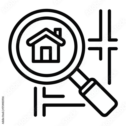 Vector icon of a magnifying glass over a house and property lines for real estate search and analysis eps file silhouette vector illustration white background