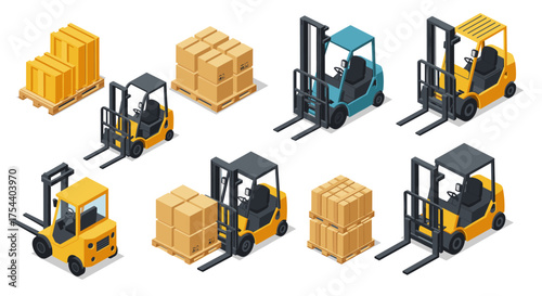 Isometric forklift truck variations with pallets and cargo boxes