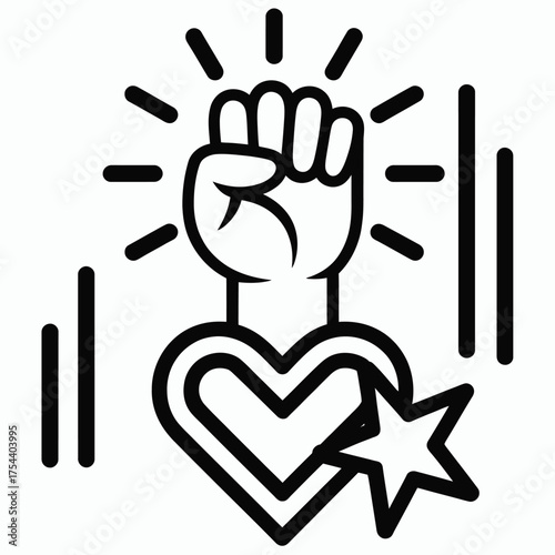 Black line art vector illustration of a clenched fist rising above a heart symbol with a star silhouette vector illustration white background