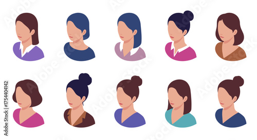 Diverse female avatars collection in modern flat design for digital profiles