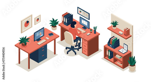 Isometric office setup with two desks and plants for modern workspace design