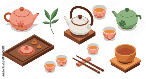 Isometric tea set collection with teapots and cups in traditional asian style