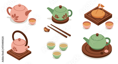 Isometric tea set collection with teapots, cups, and utensils on white background