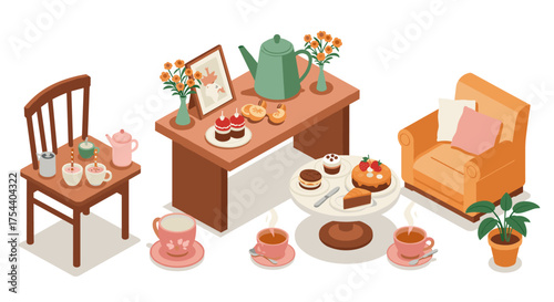 Cozy isometric tea time scene with armchair, table, and teapot