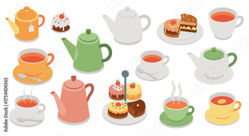 Delightful tea time collection featuring teapots, cups, and desserts in isometric design