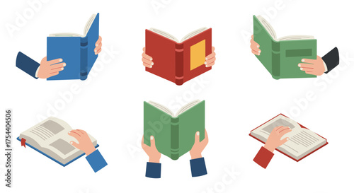 Diverse hand positions holding books in flat design on white background