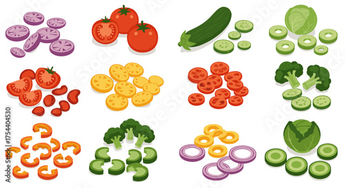 Colorful isometric vegetable slices on white background featuring tomato, cucumber, and broccoli
