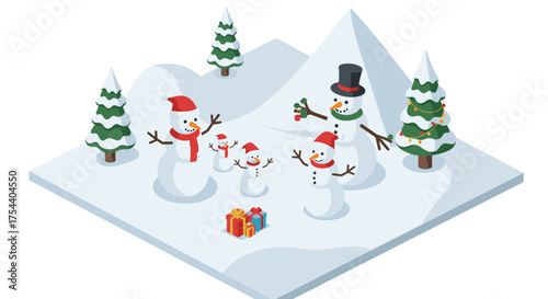 Festive winter scene with snowmen and gifts in isometric design