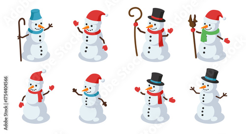 Festive snowman collection in isometric style with holiday hats and scarves