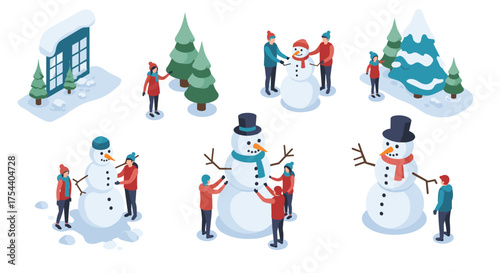 Festive winter fun with family building snowmen and christmas trees in isometric style