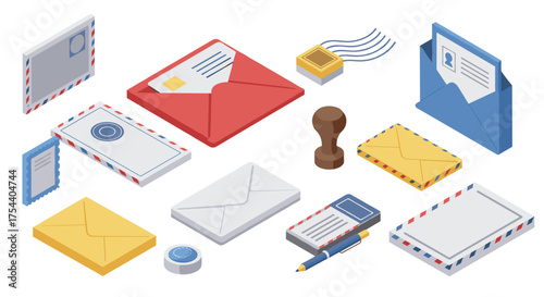 Isometric mail icons: envelopes, stamps, and postal tools for communication design