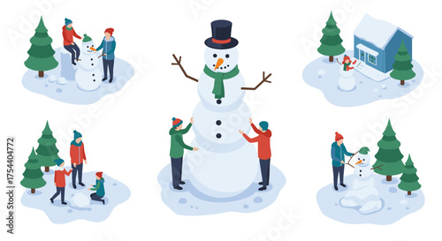 Family building snowmen: winter fun in isometric style