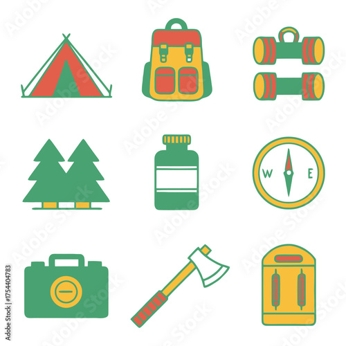 Camping and outdoor gear icons featuring tent backpack axe compass and more for adventure