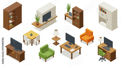Modern home and office furniture set in isometric style for design projects
