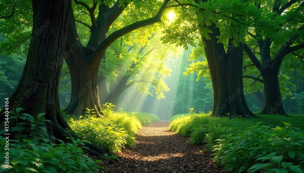 Naklejka premium Serene Sunlight Dapples Ancient Forest Discover Untamed Natures Vibrant Green Beauty