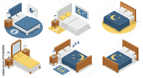 Isometric bedroom designs with cozy beds and night sky decor
