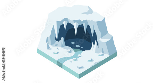 Isometric ice cave with snowy cliffs and icicles on white background