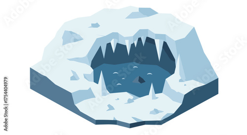 Isometric ice cave with jagged stalactites and frozen lake