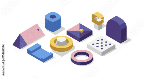 Geometric 3d shapes composition with shadow on white background