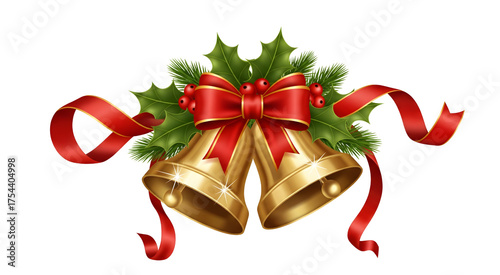 Red ribbon Christmas bells ornament decorating a holiday pine branch