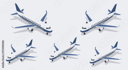 Isometric airplane collection with five stylish jet designs in various angles