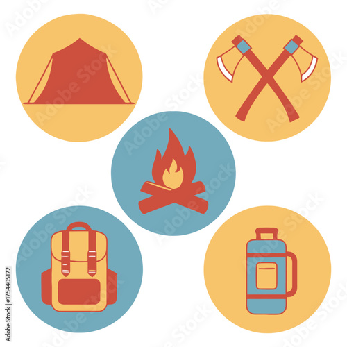 Camping and outdoor gear icons tent fire axe backpack thermos adventure essentials