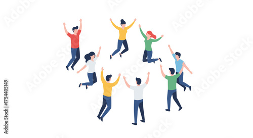 Jumping celebration: diverse team in flat design on white background