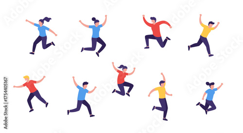 Energetic people jumping in flat style for fitness and joyful concepts