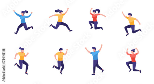 Energetic people in flat style jumping and running in various poses