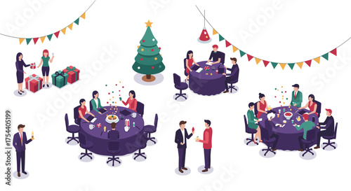 Office holiday party celebration with people and christmas tree in festive setting
