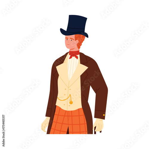 Elegant Victorian man in period street attire with top hat and cane isolated vector illustration