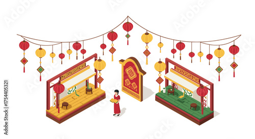 Traditional festive market with lanterns and stalls in isometric design