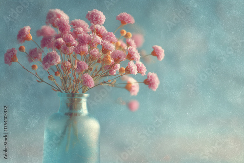 Delicate Wildflowers in a Small Glass Bottle with Pastel Pink, Blue, and Cream Tones in Soft Sunlight